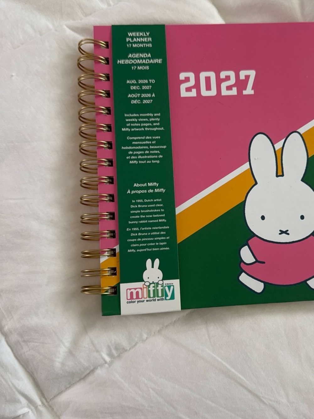 miffy Pink and Green 2027 Spiral Weekly Planner with Gold Coil